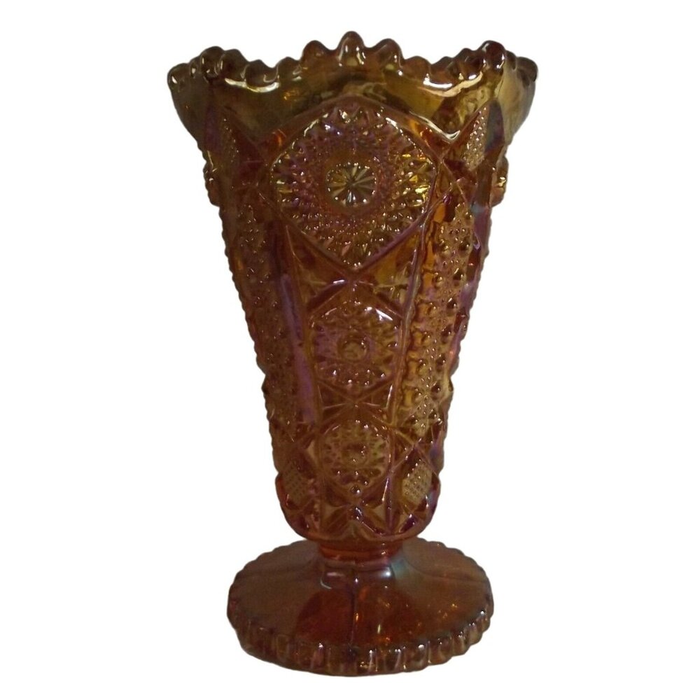 Imperial Glass Ohio Vase Footed Amber Carnival 6-1/4" Daisy and Button gold